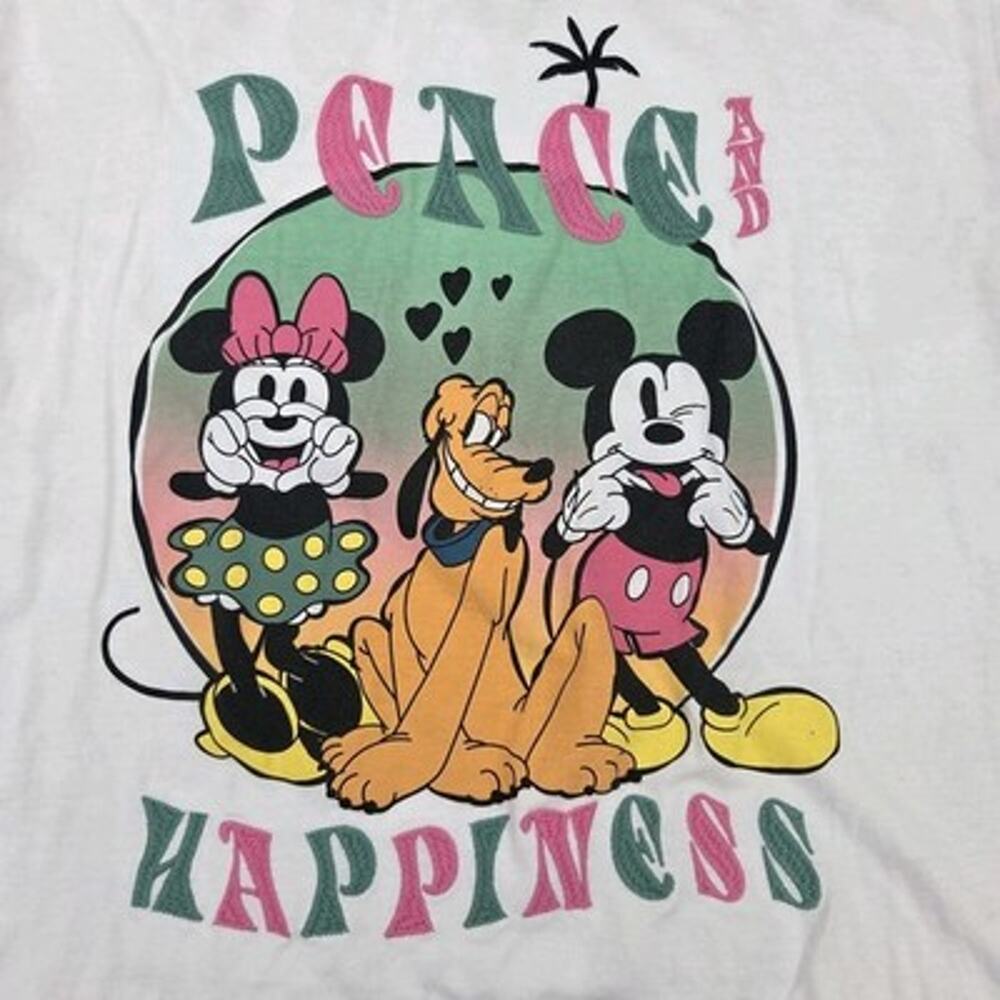 Disney Mickey Minnie Pluto Peace and Happiness White T-Shirt Size XL 16-18